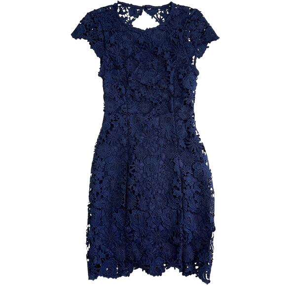Lulus XS Backless Lace Mini Dress Cap Sleeve Bodycon‎ Lined Navy Blue Cocktail - Picture 7 of 10